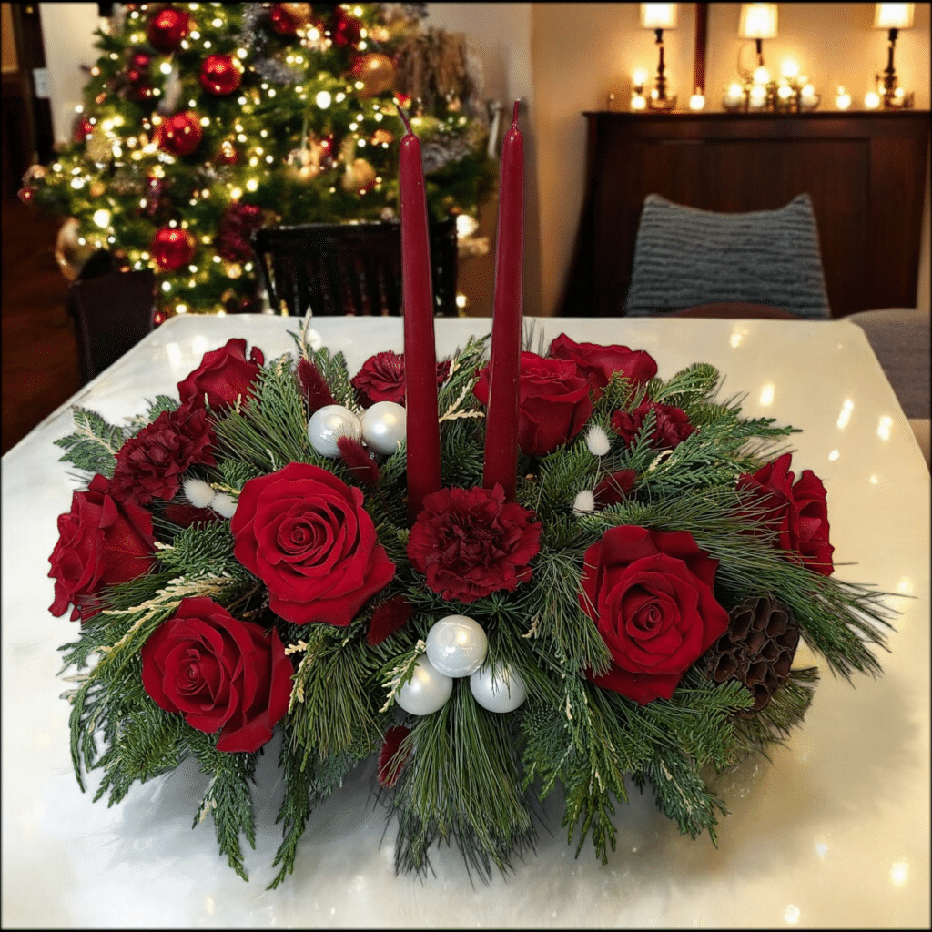 Victoria's Christmas Court - Florist Atropa Belladonna Life style shot of Victoria's Christmas centerpiece with warm reds and hint of white, in a dinning room setting.
