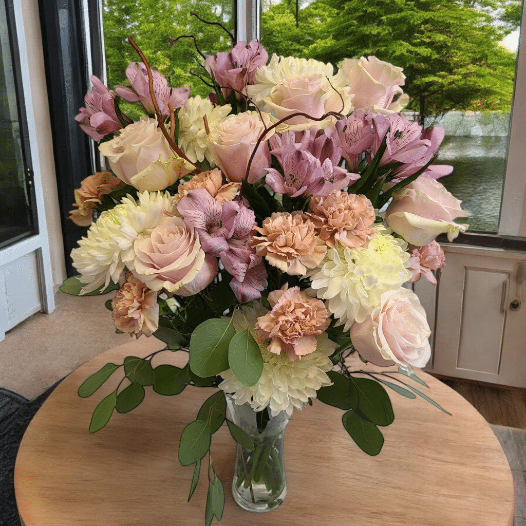 Creamy Dreamy Lifestyle Feature - Florist Atropa Belladonna A bouquet with creamy tones, lush and beautiful. Flowers arranged in a trumpet vase, with branches and eucalyptus.