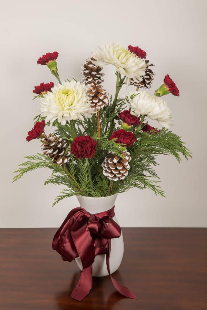 ABX-122 - Florist Atropa Belladonna Cypress, Pine cones, and red and white flowers