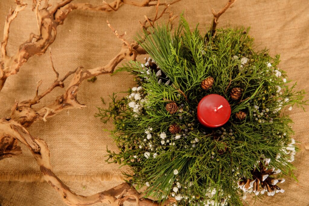 282ABX resized - Florist Atropa Belladonna festive fire - round centrepiece with red candle