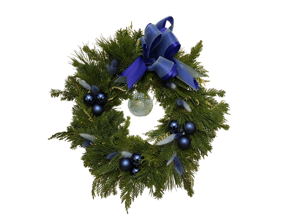 blue wreath - Florist Atropa Belladonna Luxurious blue-themed Christmas wreath, Christmas at Midnight, handcrafted with fresh Fir, Pine, and Cypress branches on a wire base. Perfect for holiday decor with an elegant, wintery look.