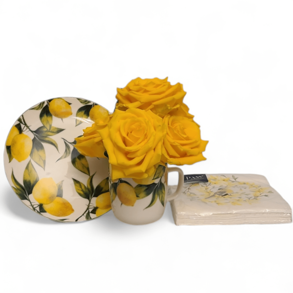 Pleasant Priscilla - mug view - Florist Atropa Belladonna Lemon Mug and Serving Plate, with floral Napkins, and sunshine yellow roses