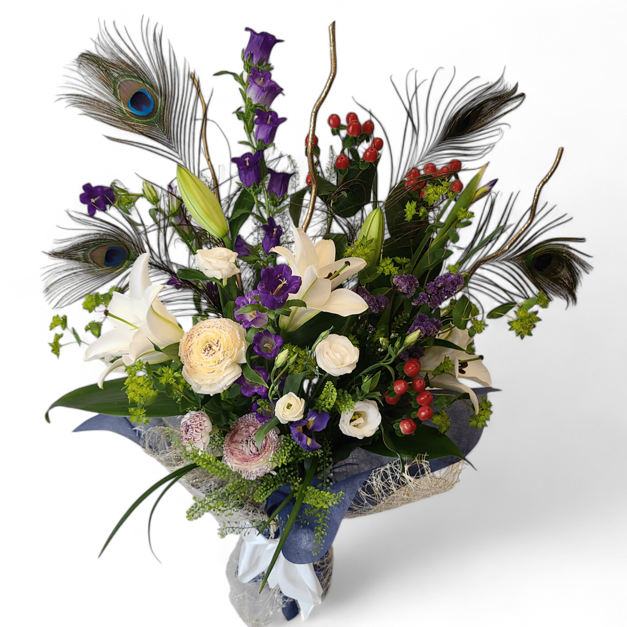 Hera Deluxe - Florist Atropa Belladonna Peacock Feathers, lilies, and more; with hues of white, purple and Gold, Hera's Bouquet is truly magnificent
