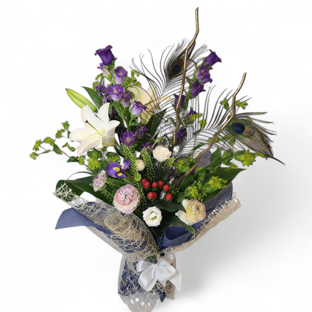 Hera Standard - Florist Atropa Belladonna Peacock Feathers, lilies, and more; with hues of white, purple and Gold, Hera's Bouquet is truly magnificent