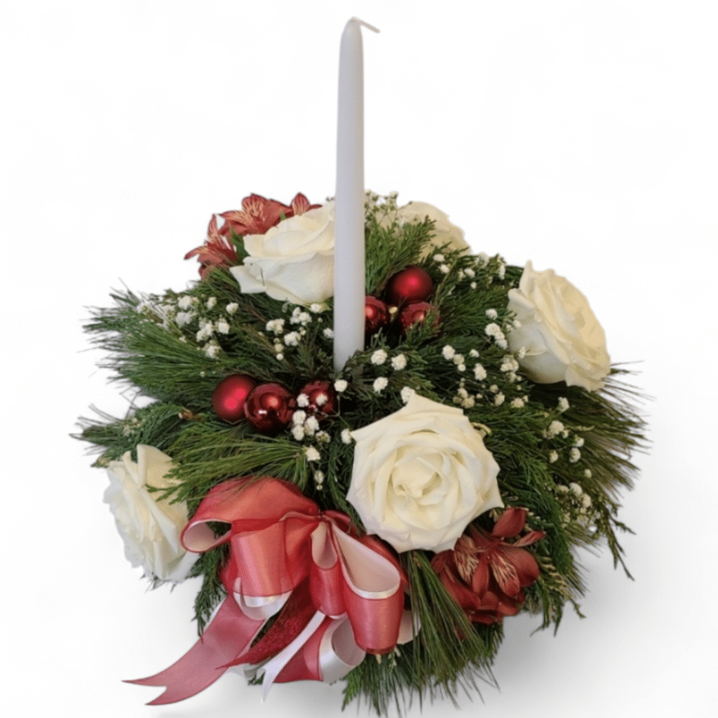Candy Cane 3 - Florist Atropa Belladonna A Christmas centerpiece made evergreens embelished with red and white just like a Candy Cane