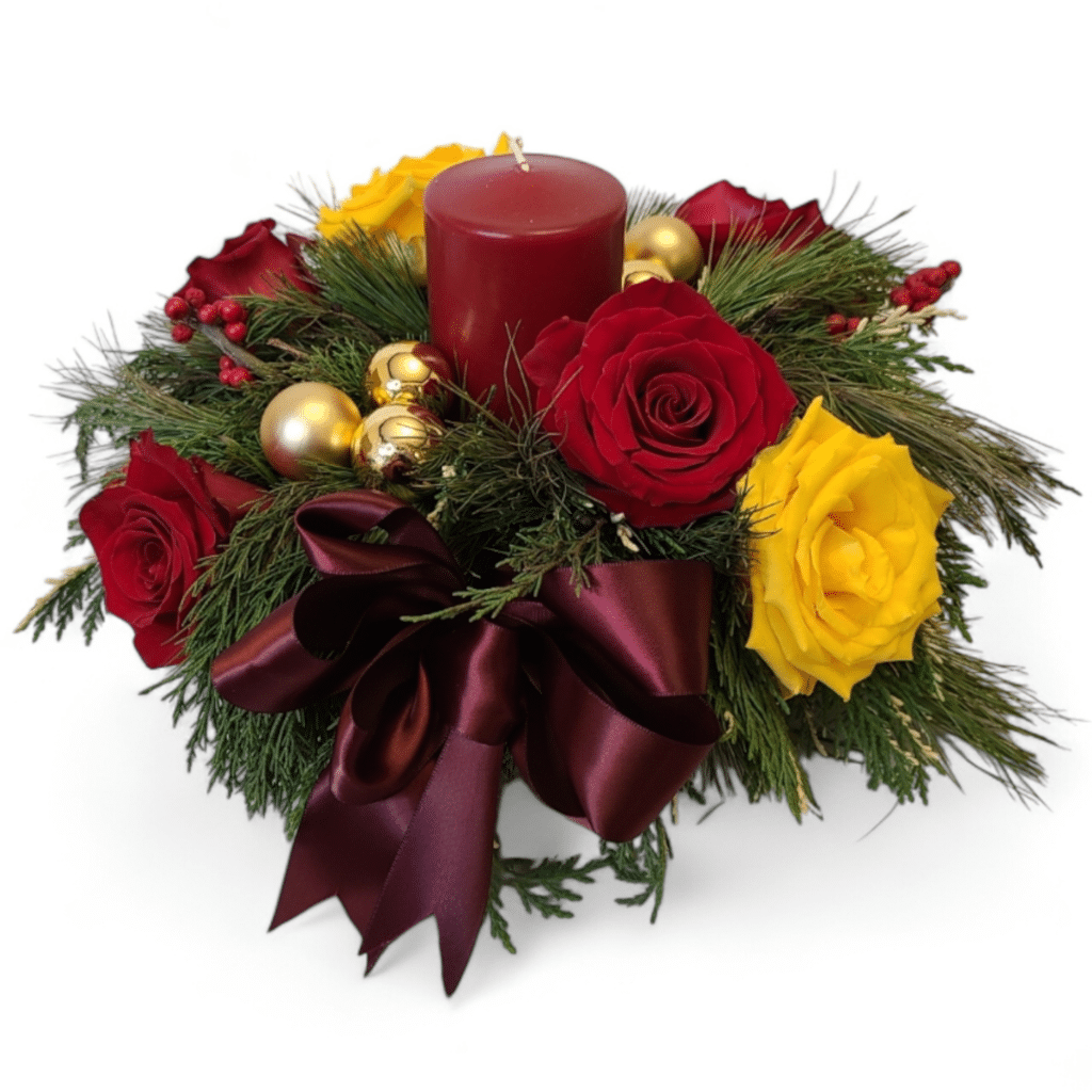 Charme de Noël 2 - Florist Atropa Belladonna Gold and red holiday centerpiece with a small pillar candle, adding elegance to festive decor.