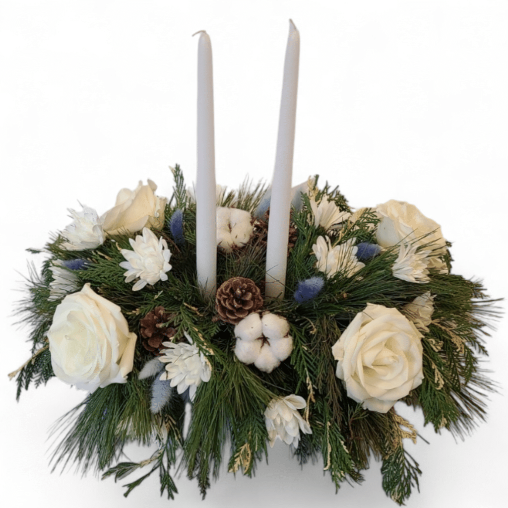 Winter's Eve Centerpiece - Florist Atropa Belladonna A wintery white centerpiece, complete with candles and evergreens