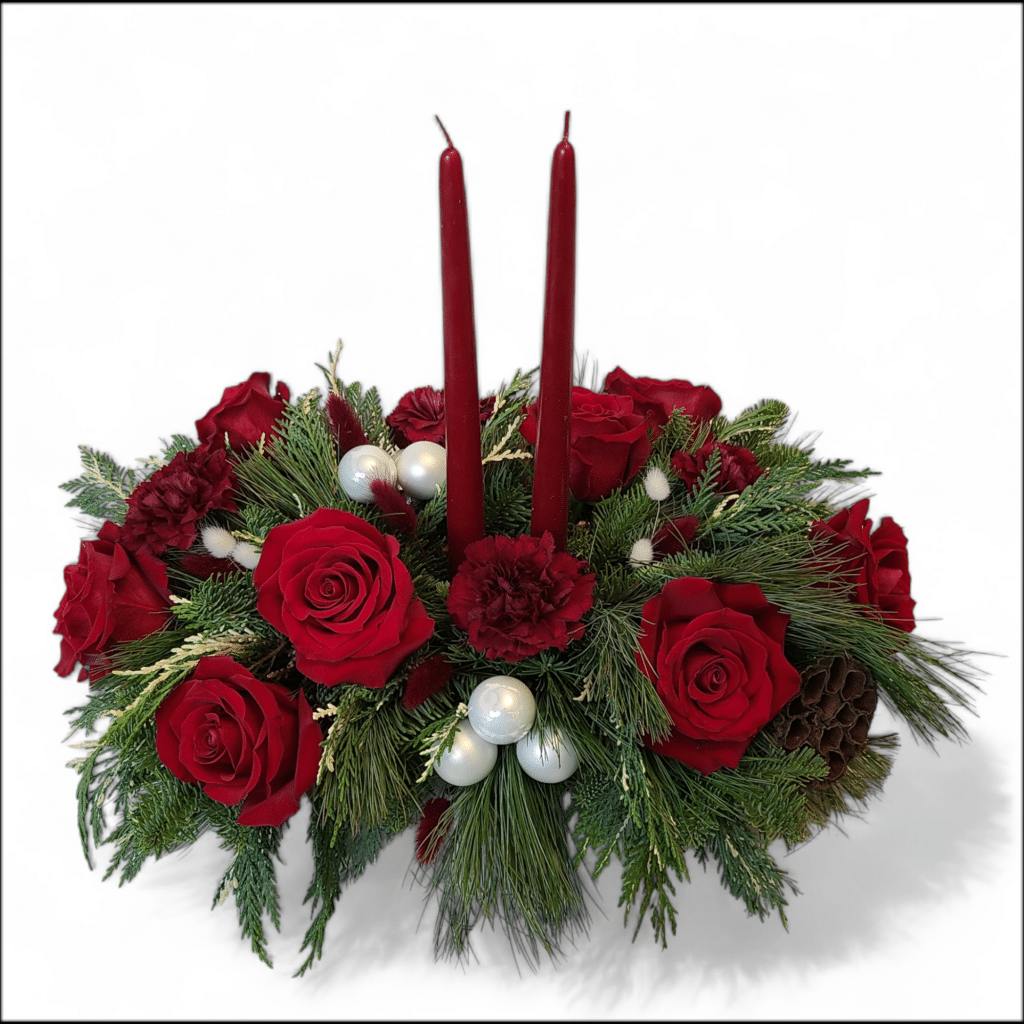 Victoria's Christmas Court 3 - Florist Atropa Belladonna Victoria's Christmas Court centerpiece with rich red and white flowers for an elegant, imperial holiday decor.