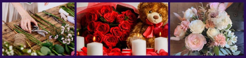 Montreal Flower Delivery Romantic Rose Bouquet and Florist Workshop - Florist Atropa Belladonna Red rose bouquet with candles and a behind-the-scenes florist workshop scene with a pink and white bouquet being held, part of a Montreal flower delivery guide.