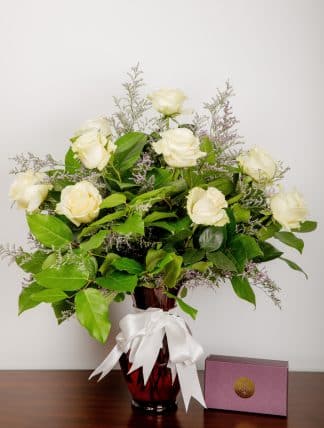 Aphrodite's White Roses - Florist Atropa Belladonna white roses with soft purple filler and aromatic giftset: candle and diffuser, made with essential oils